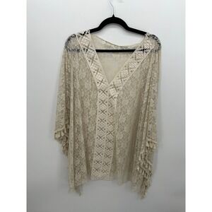 Cream Floral Lace Kimono Cover Up V-Neck Crochet Tassel Fringe Plus Size Boho